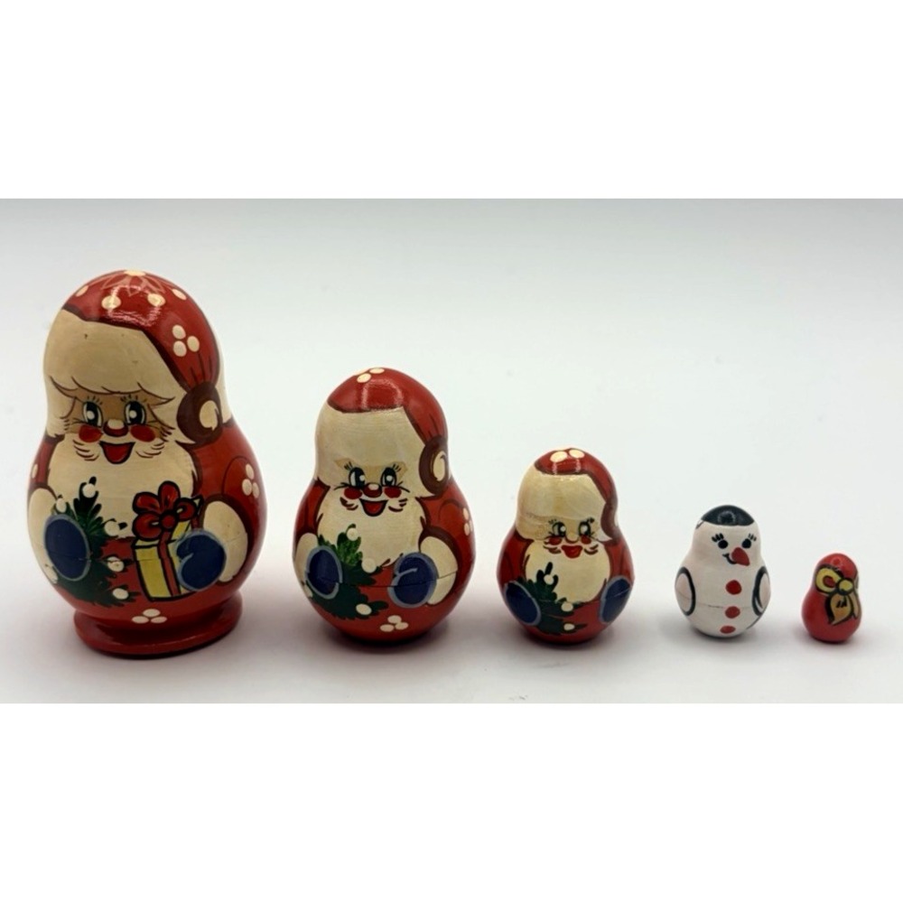 Vintage Christmas Santa Claus 5 Piece Wooden Nesting Dolls